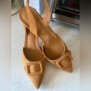 Cognac suede-like pointed toe slingback heel